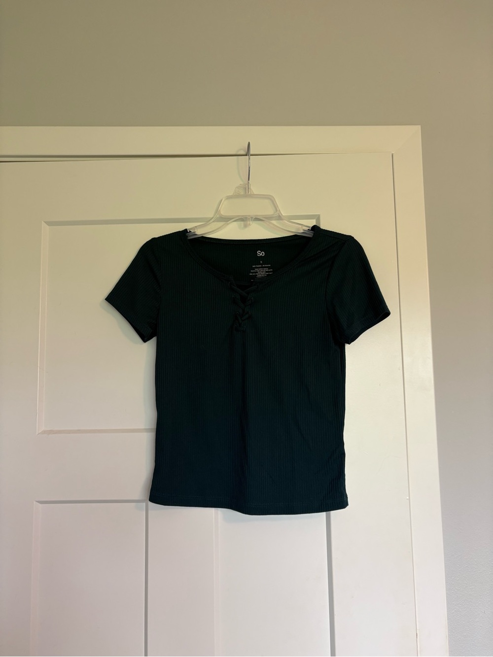 So Ribbed Lace-Up Short Sleeve Top - Turquoise/Teal